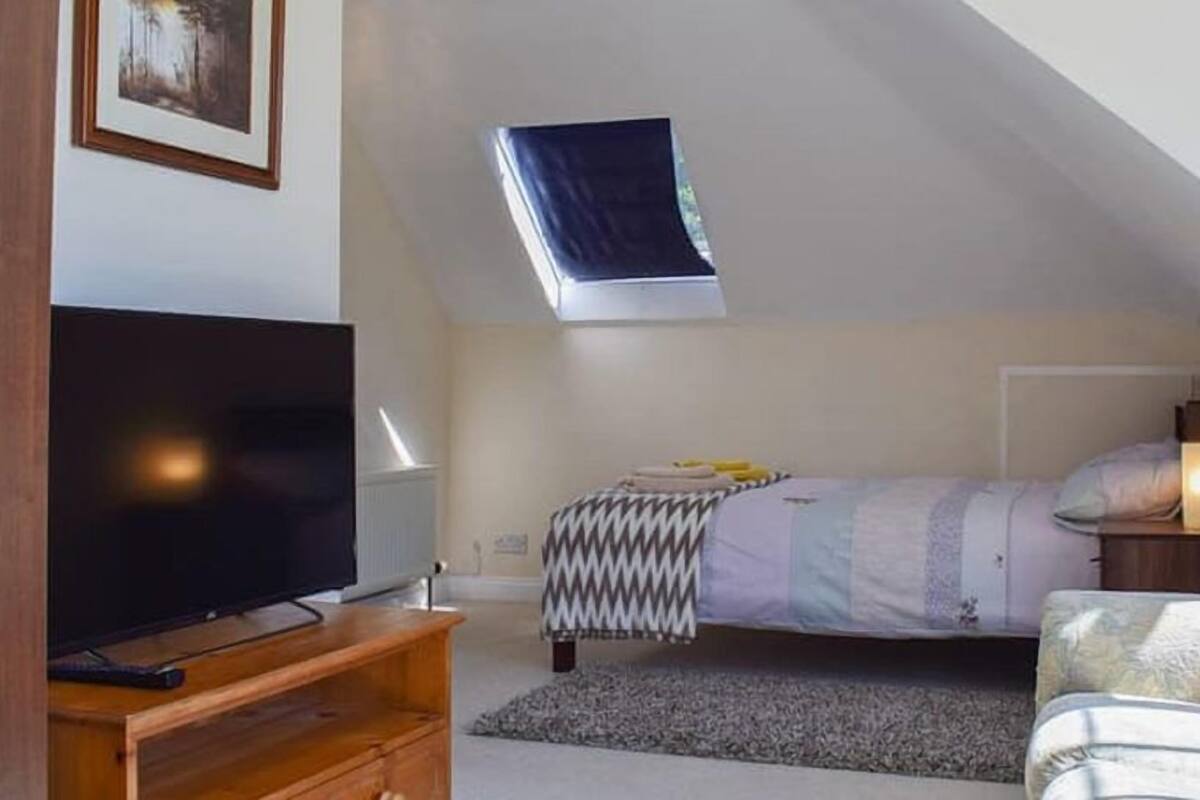 A bedroom with a sloped ceiling, a bed with a patterned bedspread, a bedside table with a lamp, and a television on a wooden stand.