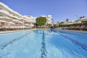Outdoor pool, pool umbrellas, pool loungers