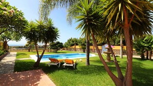 A swimming pool with two lounge chairs, surrounded by palm trees and a well-maintained lawn. - 1128 Villa AndreaSol (Frigiliana)