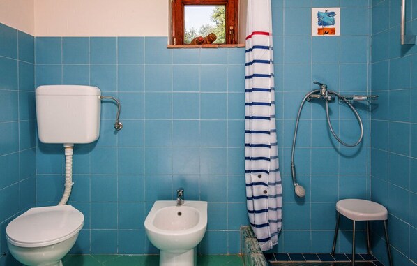 A bathroom with a toilet, bidet, and shower curtain.