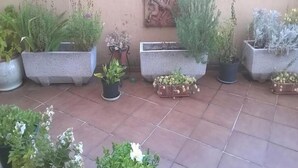 A terrace with potted plants arranged in a row, a decorative wall with a relief sculpture, and a tiled floor. - Pensión Las Matillas (Miranda de Ebro)