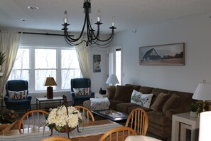 TV, fireplace, books, stereo