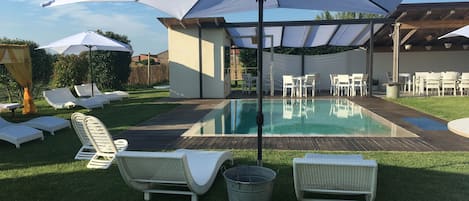 Seasonal outdoor pool, open 9:30 AM to 7:00 PM, pool umbrellas