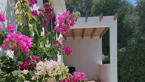 Valkoinen rakennelma, jossa on portaita, jotka johtavat katettuun alueeseen. Rakennelmaa ympäröi vehreä kasvillisuus ja kirkkaanväriset bougainvillea-kasvit.