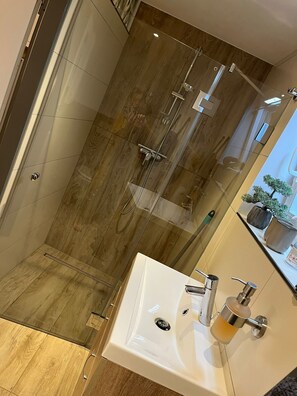 Shower, hair dryer, towels, soap - Beautiful apartment 2.5 rooms near the city with own courtyard garden (Balingen)
