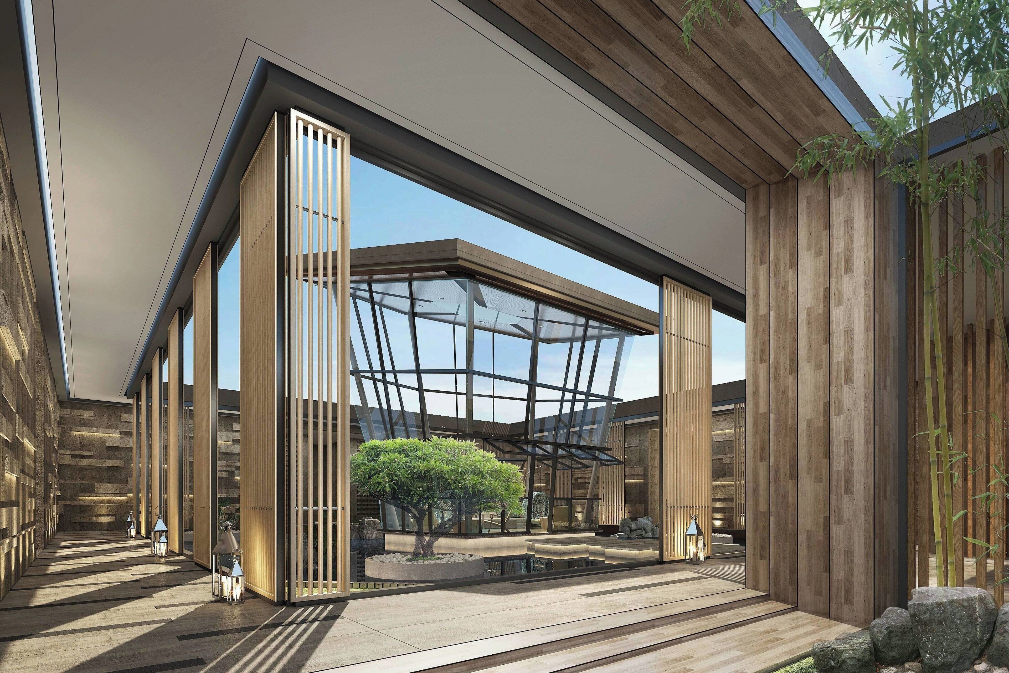 A modern architectural design with a central glass structure, wooden paneling, and a landscaped area with a tree and seating.