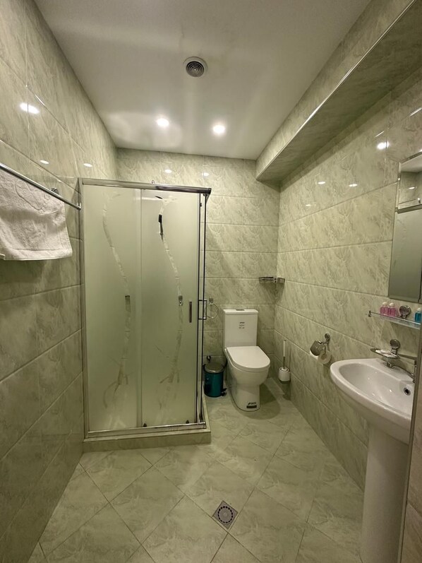 A modern bathroom with a glass-enclosed shower, a toilet, and a sink.