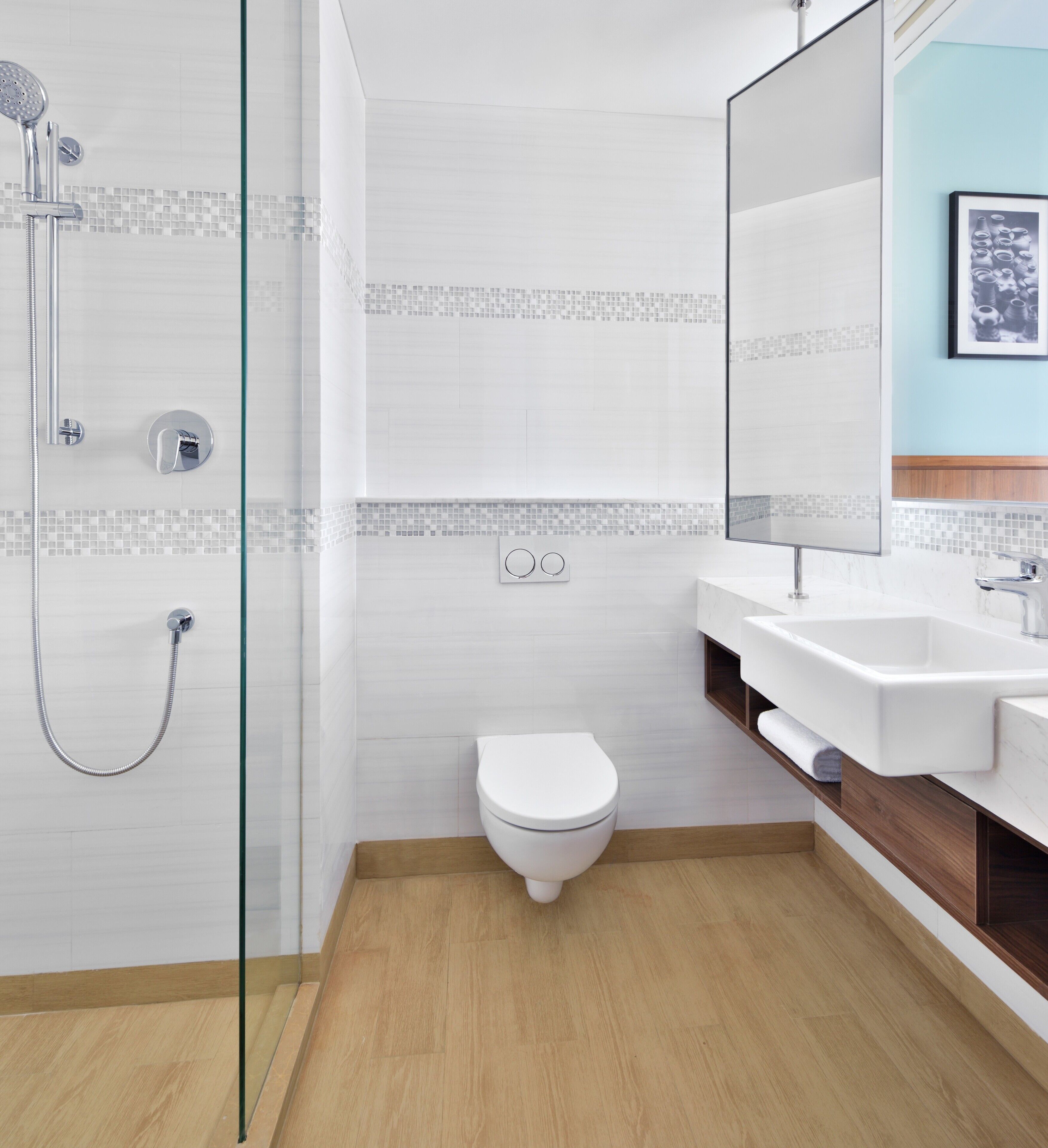 shower, rainfall showerhead, hair dryer, slippers