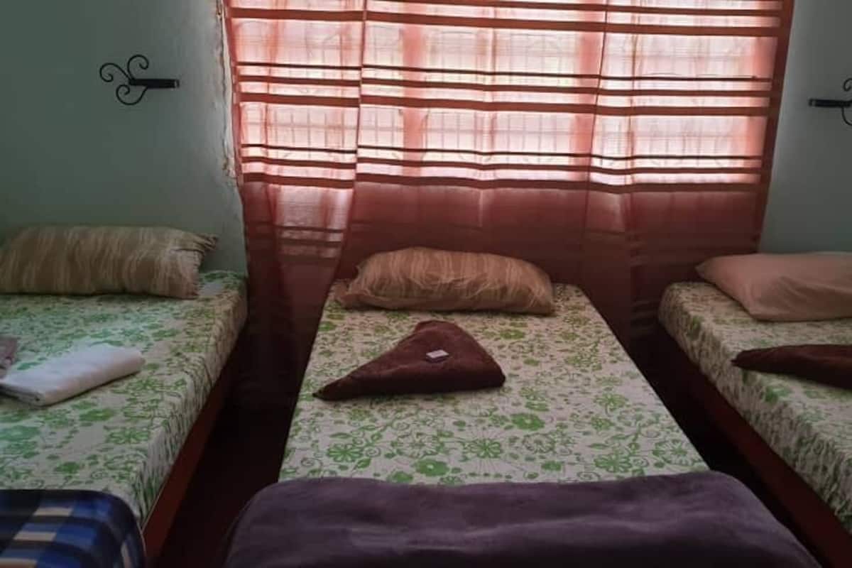 A room with three single beds, each with a different patterned bedspread. There are curtains on the window, and the room has a simple, functional design.