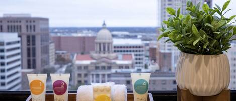 A tray with four skincare products and a potted plant on a windowsill with a cityscape view.