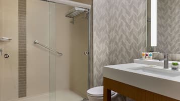 A modern bathroom with a glass shower enclosure, a white sink, and a mirror.