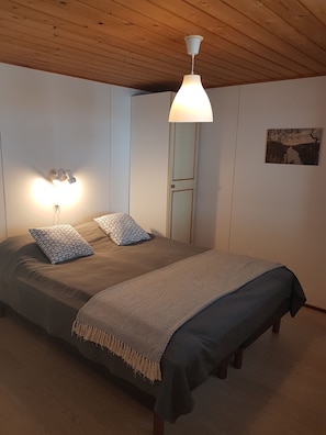 A bedroom with a bed, two pillows, a hanging light fixture, a door, and a wall-mounted picture.