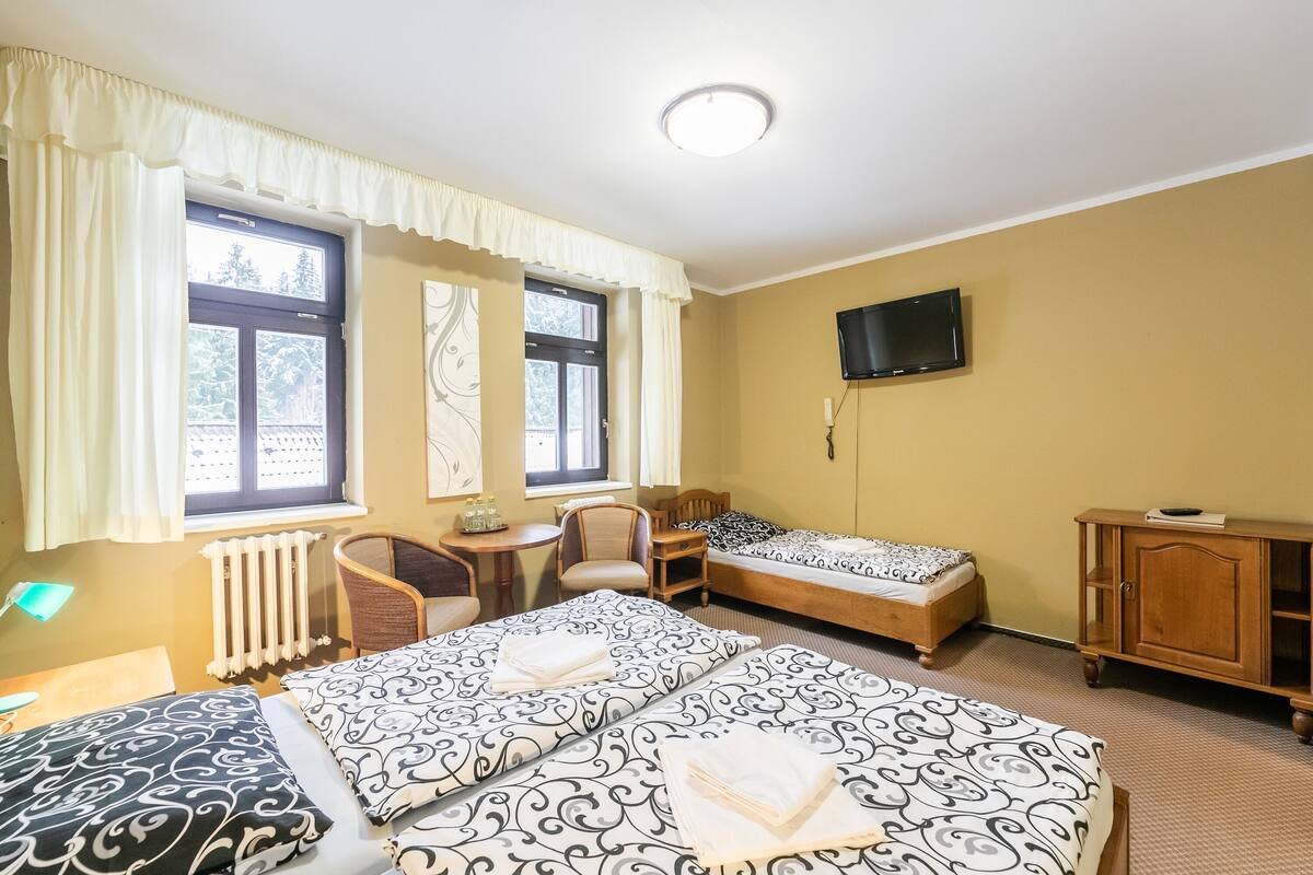 Une chambre d’hôtel avec deux lits, un bureau, une chaise, une télévision et un radiateur.