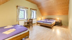 Un dormitorio con dos camas, techo de madera y ventana con cortinas.