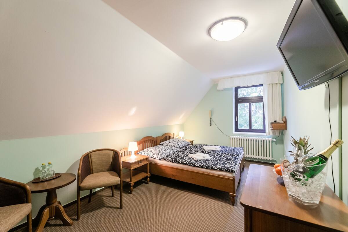 Une chambre à coucher avec un lit, un bureau, une chaise, une télévision et une fenêtre.