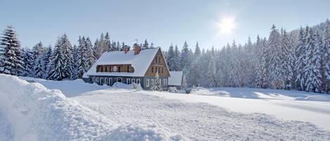 A snow-covered house with a chimney, surrounded by snow-laden trees and a clear sky.