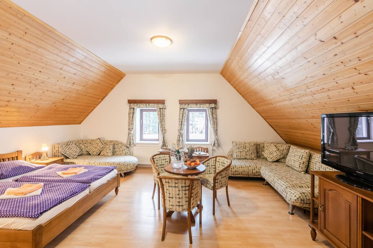 Une pièce chaleureuse et bien éclairée, avec un plafond en bois, un lit, un canapé, une télévision et un coin repas comprenant des chaises et une table.