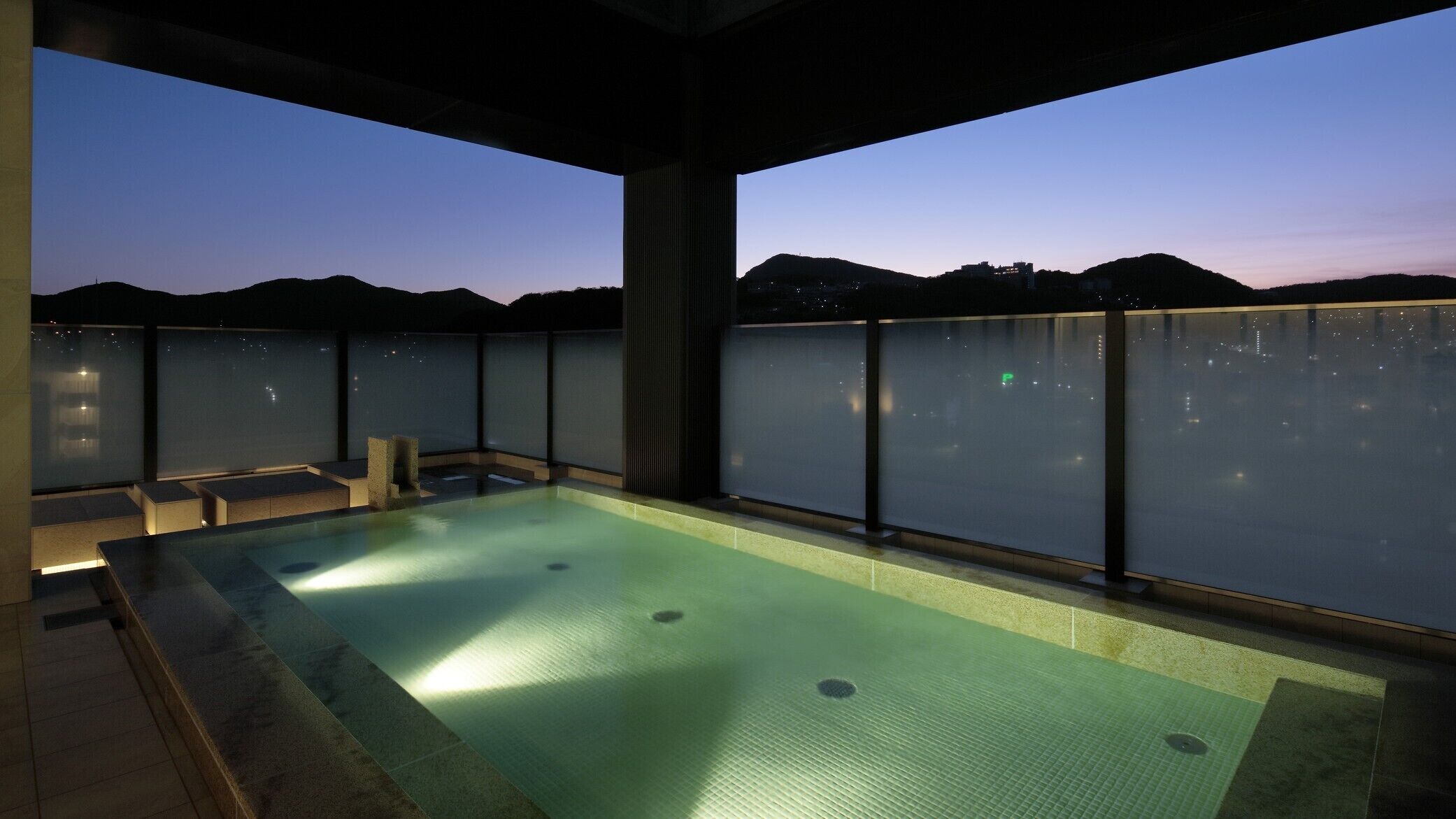 A rooftop infinity pool with a clear view of the city skyline at dusk.