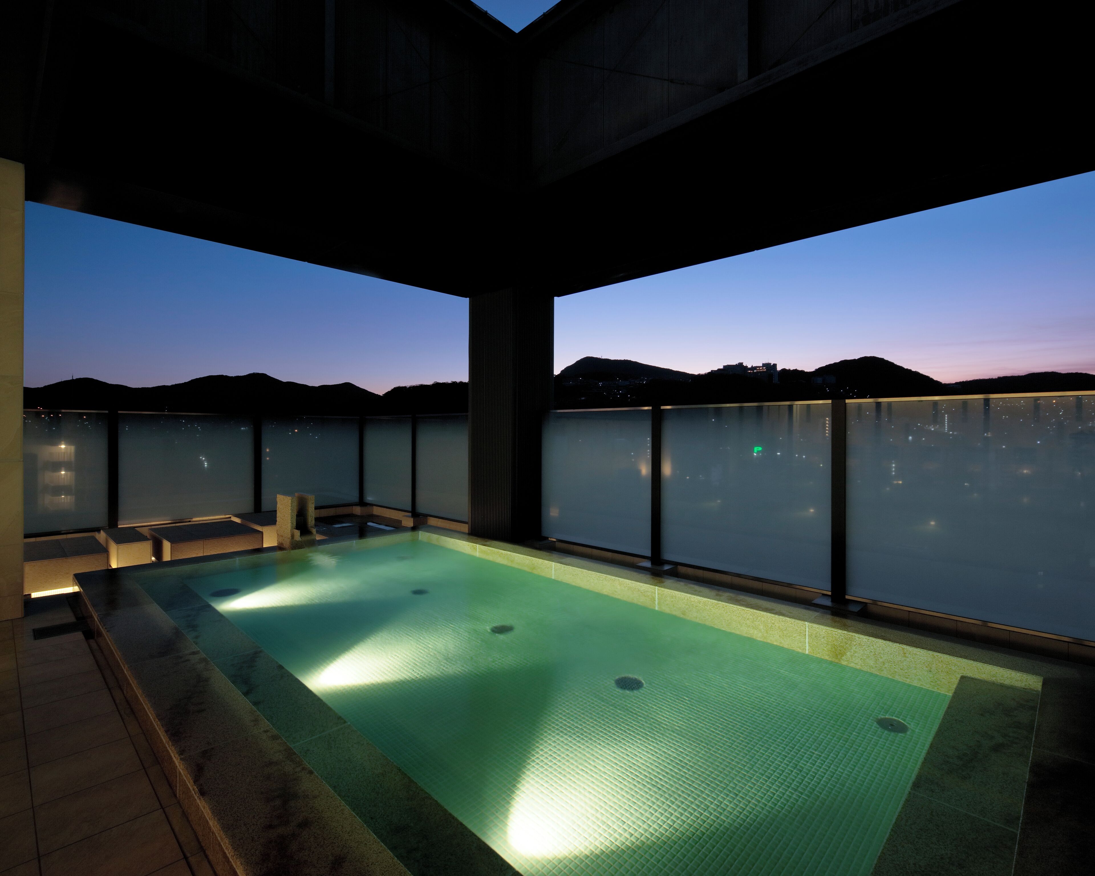 A rooftop infinity pool with a city view at dusk.