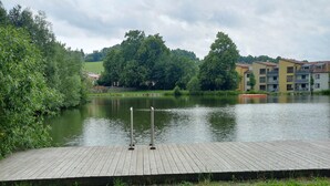 Un muelle de madera se extiende sobre un lago tranquilo, rodeado de exuberante vegetación y una hilera de edificios de varios pisos al fondo.