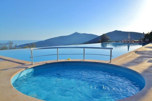 An infinity pool, pool loungers