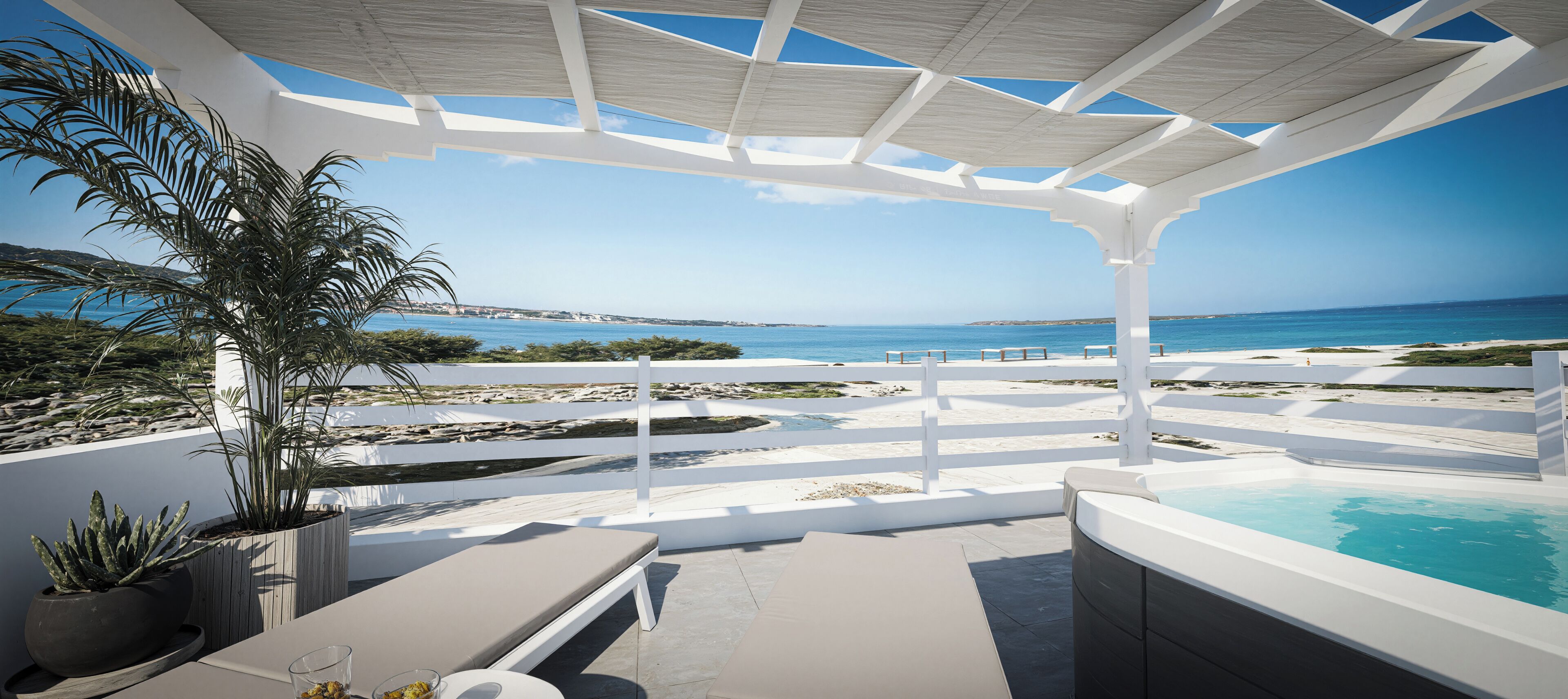 A modern outdoor pool area with a view of the sea, white pergola, and potted plants.