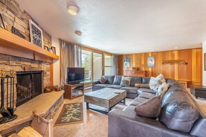 Una televisión, una chimenea, videojuegos, un reproductor de DVD