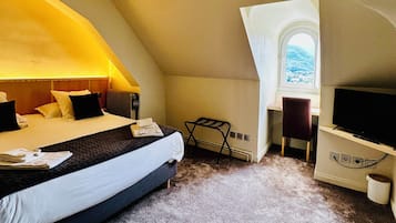 Desk, laptop workspace, blackout curtains, iron/ironing board