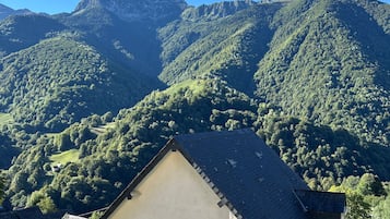 A building with a sloped roof, surrounded by lush green hills and a mountain in the background.