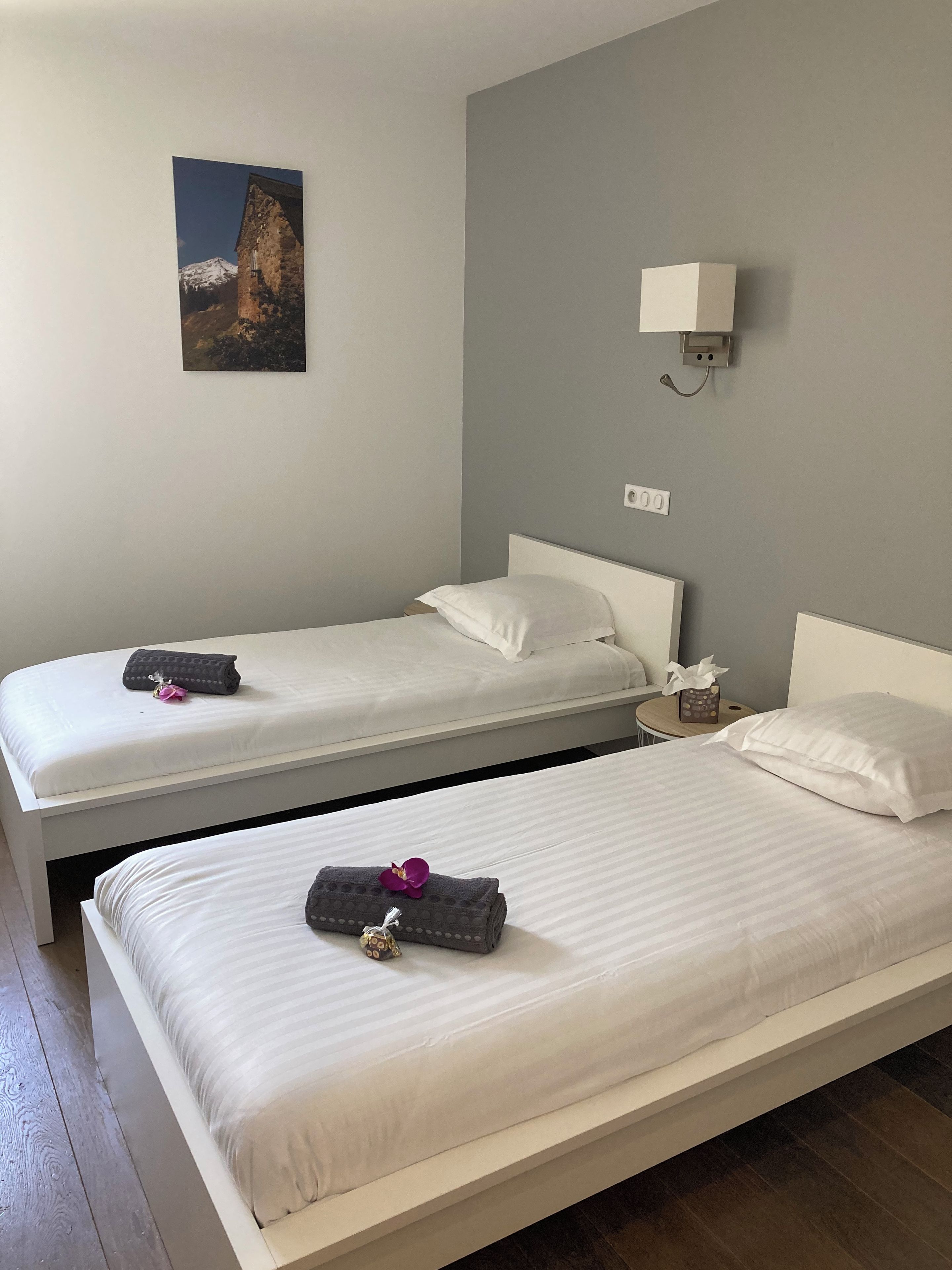 Een hotelkamer met twee bedden, een nachtkastje met een lamp en een wandlamp.