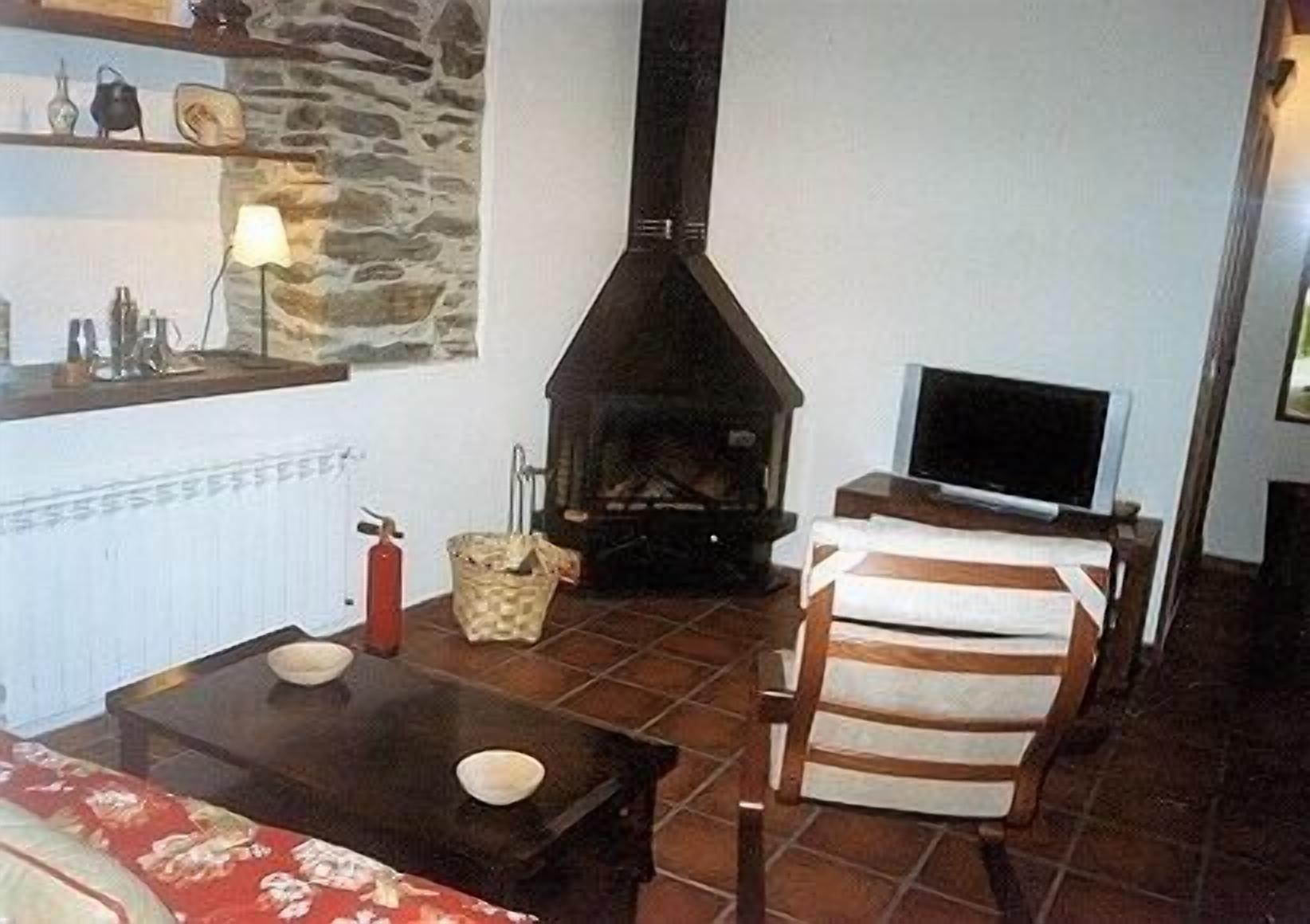 Televisión, chimenea, reproductor de DVD y estéreo 