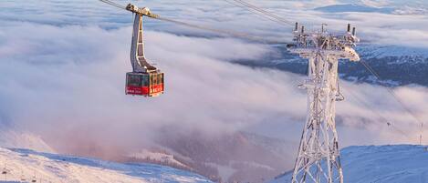 A cable car system with a red cabin, a snowy mountain landscape, and a power pylon.