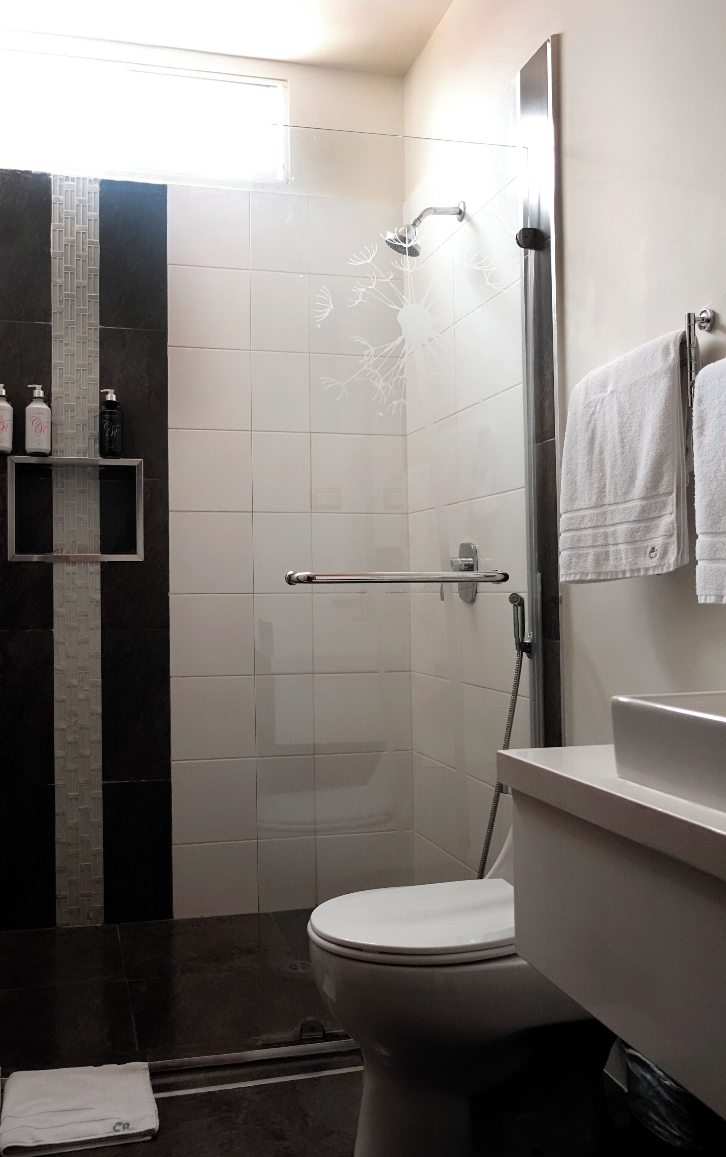 A modern bathroom with a shower, toilet, and a vanity with a mirror.