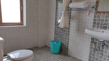 A bathroom with a toilet, a sink, and a shower area.