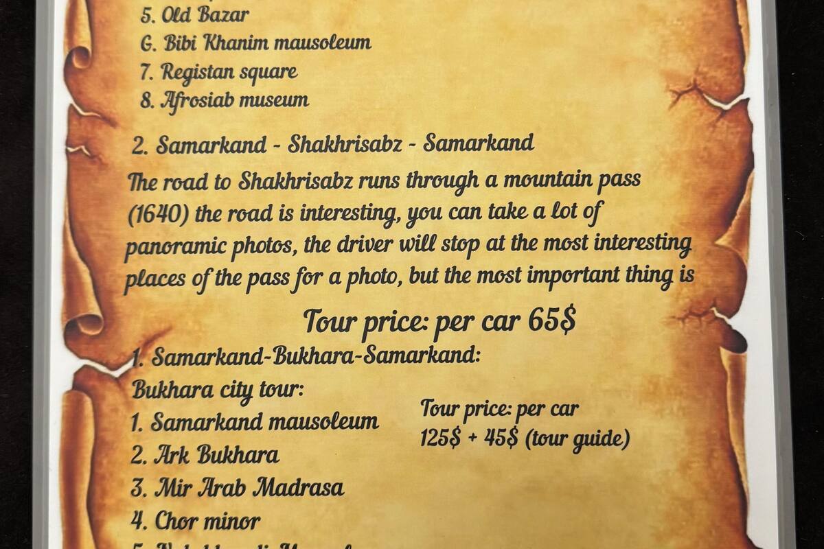A menu listing various tour services with prices per car.