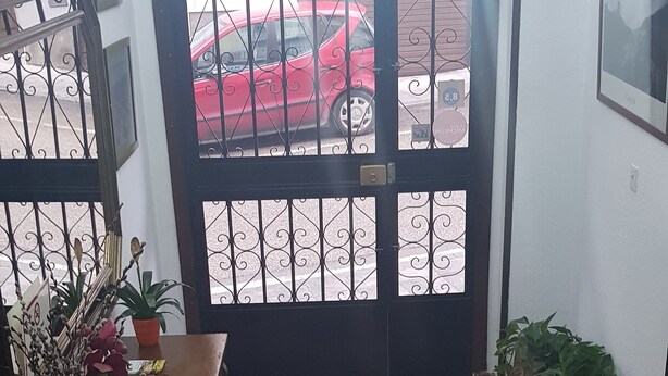 A room with a wooden bench, potted plants, a patterned rug, and a black gate leading outside. - Hotel Andalucia (Cazorla)