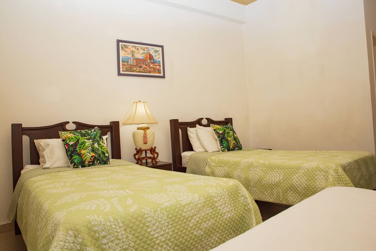 Habitación de hotel con dos camas individuales, una mesita de noche con lámpara y un cuadro en la pared.