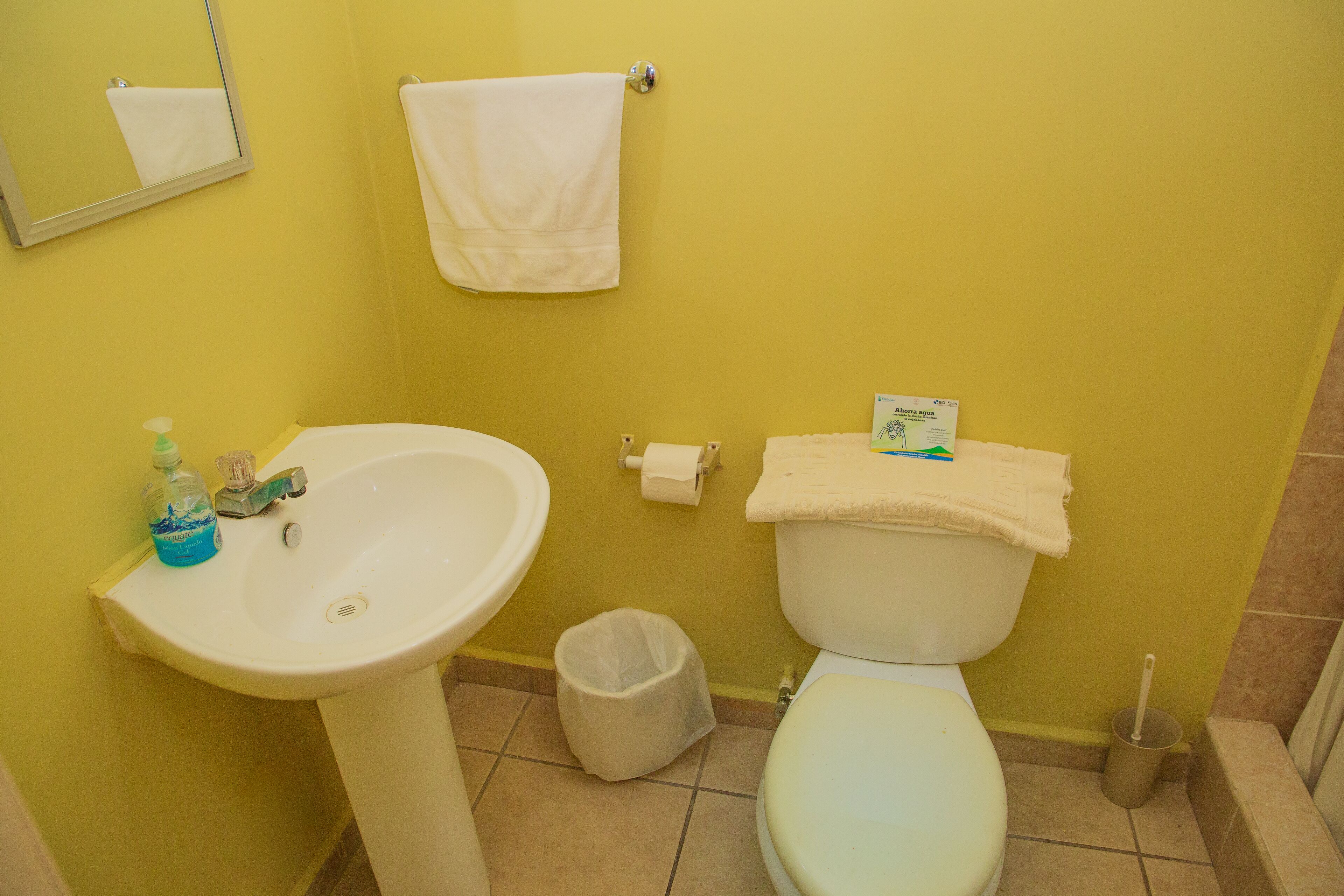 Une salle de bain équipée d’un lavabo, de toilettes et d’une poubelle.