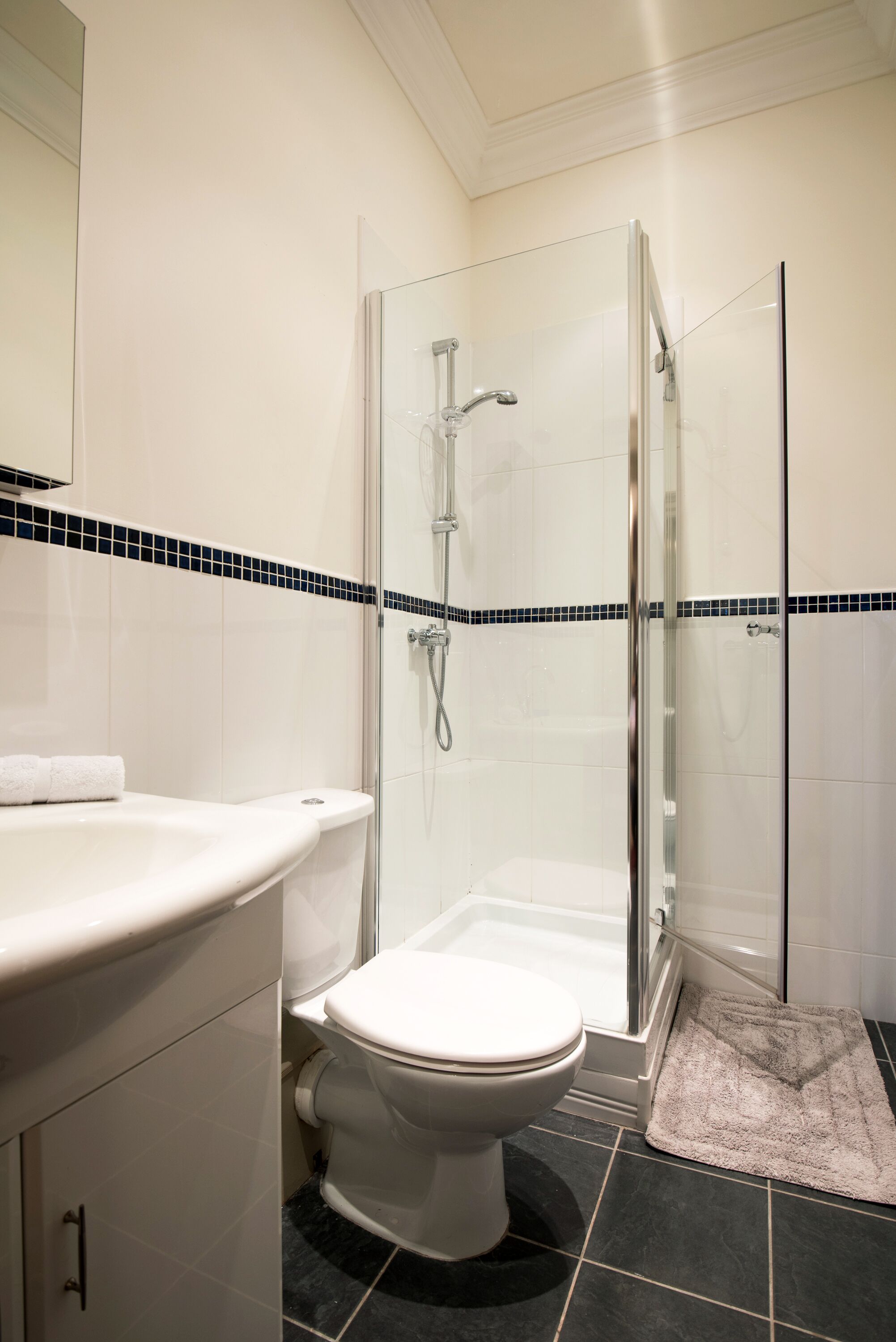 A bathroom with a glass-enclosed shower, a white toilet, and a sink with a towel.