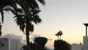 A pathway flanked by white walls and palm trees leading to a distant view.