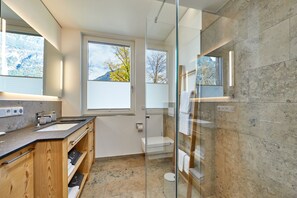 Shower, hair dryer, towels