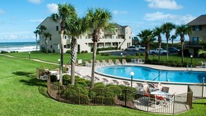 A pool area with lounge chairs, palm trees, and a view of the ocean.