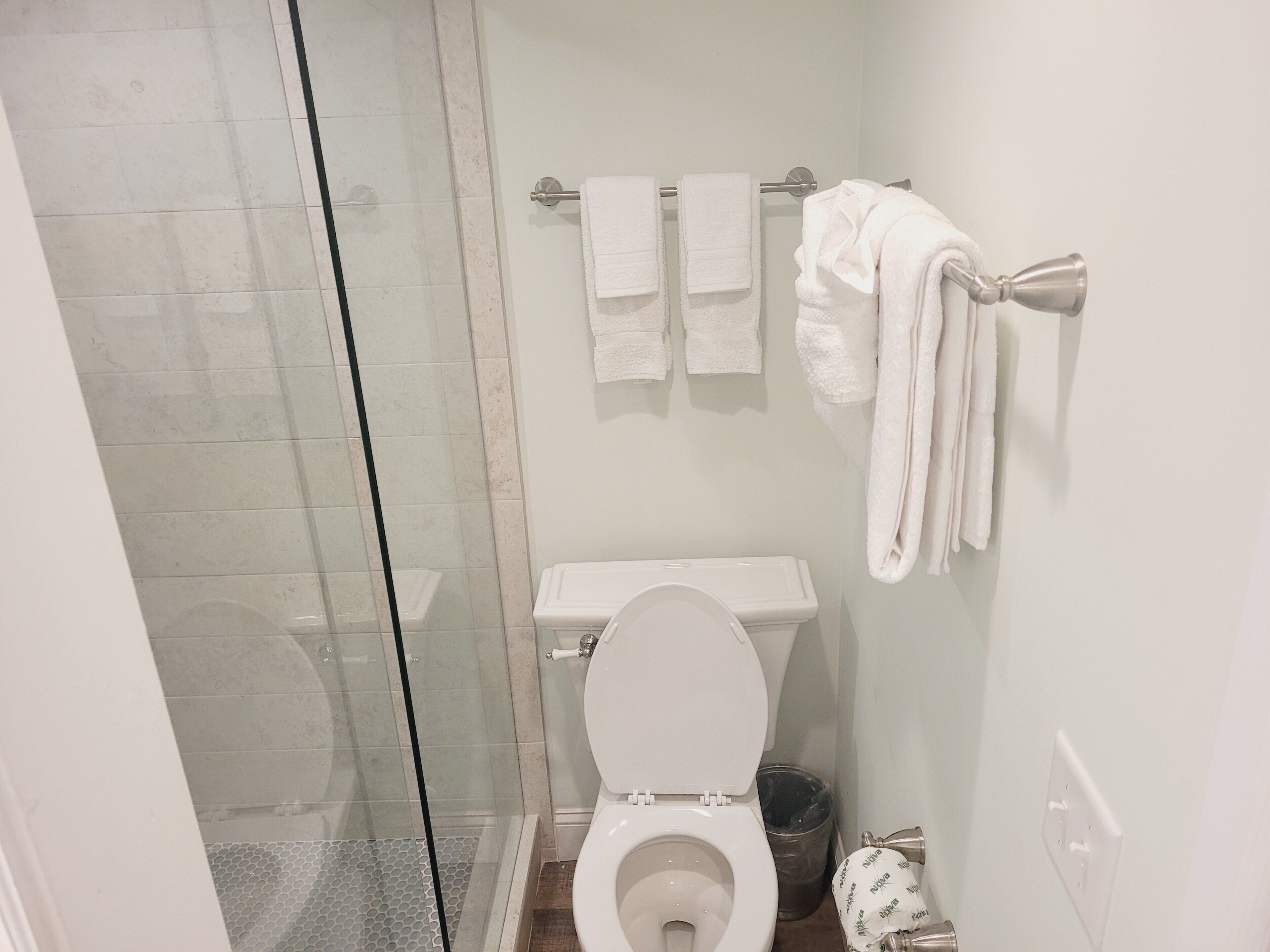 Une salle de bain avec une douche à parois de verre, des toilettes et un porte-serviettes avec plusieurs serviettes.