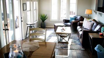 Smart TV, fireplace, books, stereo