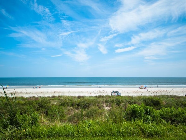 Ein Strand mit weißem Sand, blauem Himmel und spärlicher Vegetation im Vordergrund.