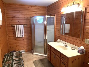 Combined shower/bathtub, hair dryer, towels, toilet paper