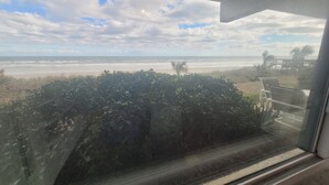 Une vue depuis une fenêtre donnant sur une plage, avec un ciel dégagé, un rivage sablonneux et quelques plantes.
