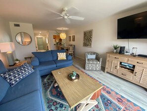 TV, DVD player, books, stereo