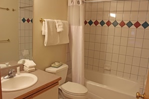 Ensemble baignoire-douche, séchoir à cheveux, serviettes fournies, savon