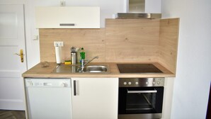 Cocina compacta con lavavajillas, horno, fregadero y armarios de madera.
